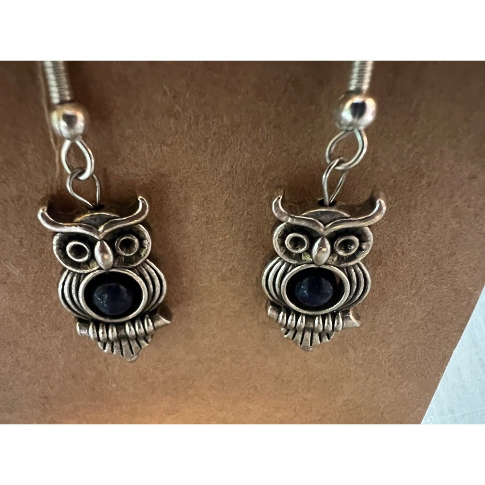 Owl Drop Earrings Silver Whimsical NaturecoreNavy Blue Boho Whimsical Dangle